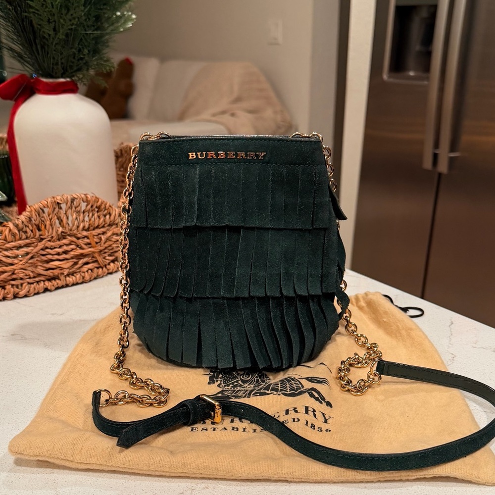 Burberry Suede Fringe Mini Bucket Bag Dark Forest Green